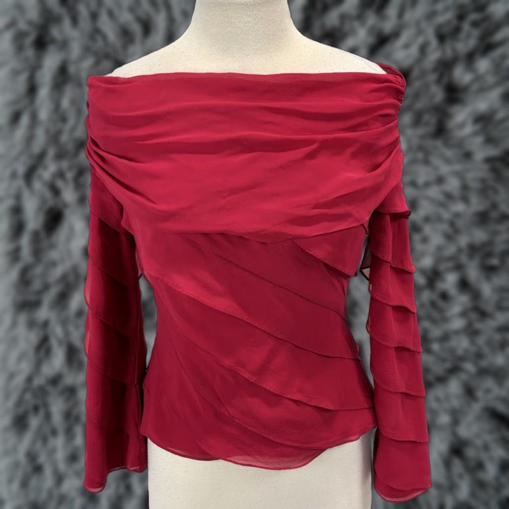 Tadashi Shoji Tadashi Shoji 100% Silk Blouse Top Women’s 6 Red Off Shoulder Tiered Ethereal Blouse Size M / US 6-8 / IT 42-44 - 1 Thumbnail