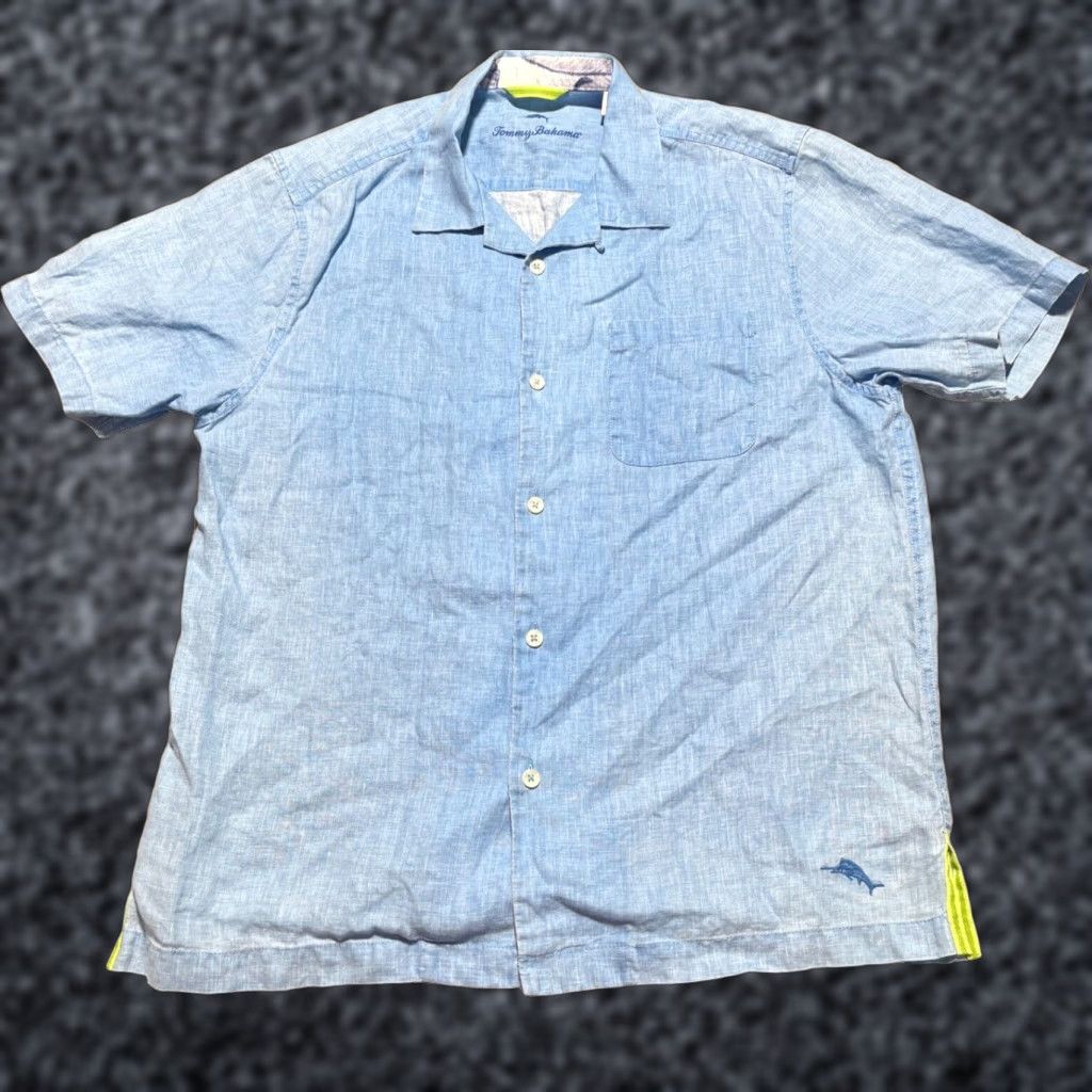 VINTAGE Tommy Bahama Linen Shirt Medium Blue Floral Button-Up