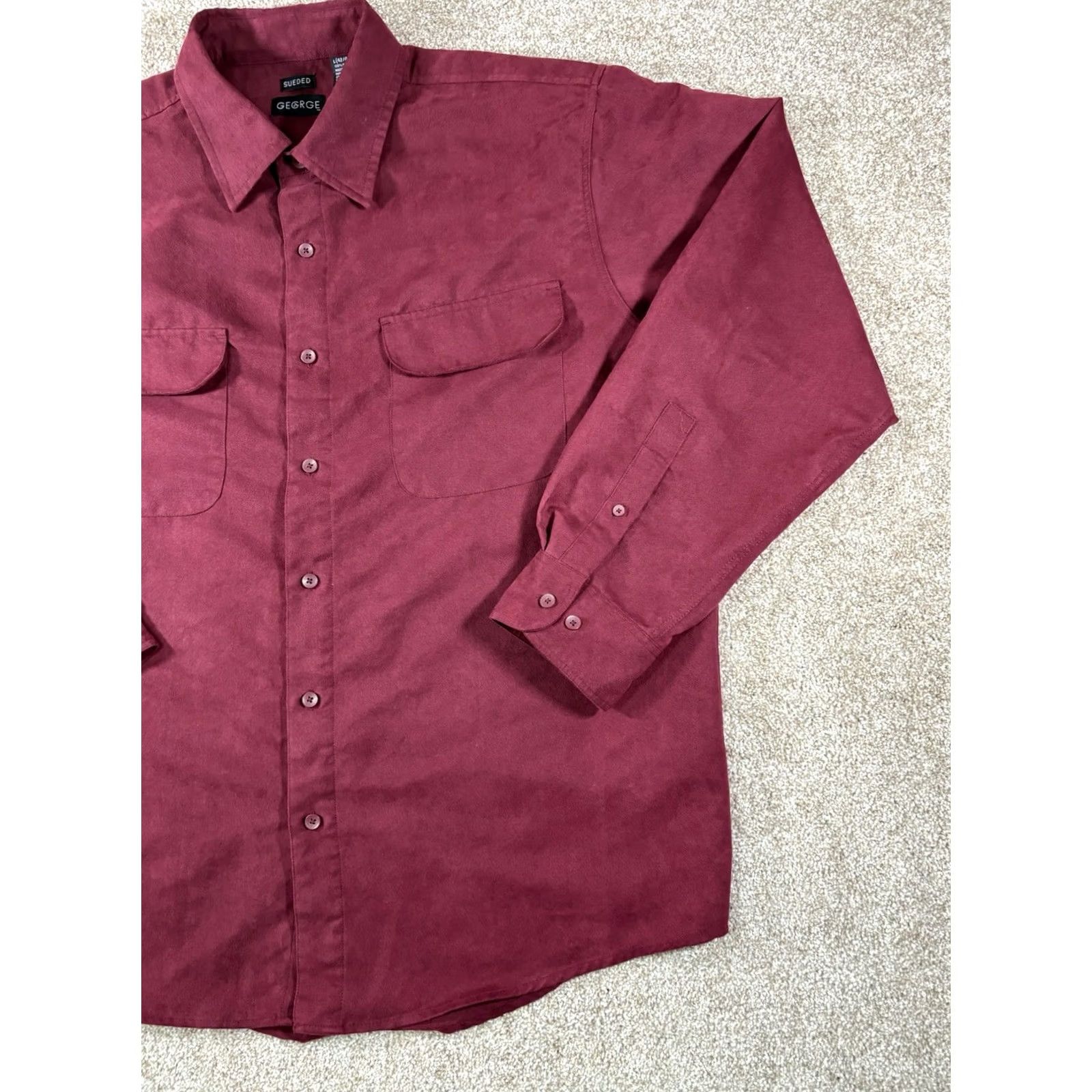 George George Sueded Button Up Long Sleeve Shirt Red Mens Size L Regular Collar Button-Front Polyester Microfiber Shirt Size US L / EU 52-54 / 3 - 3 Thumbnail