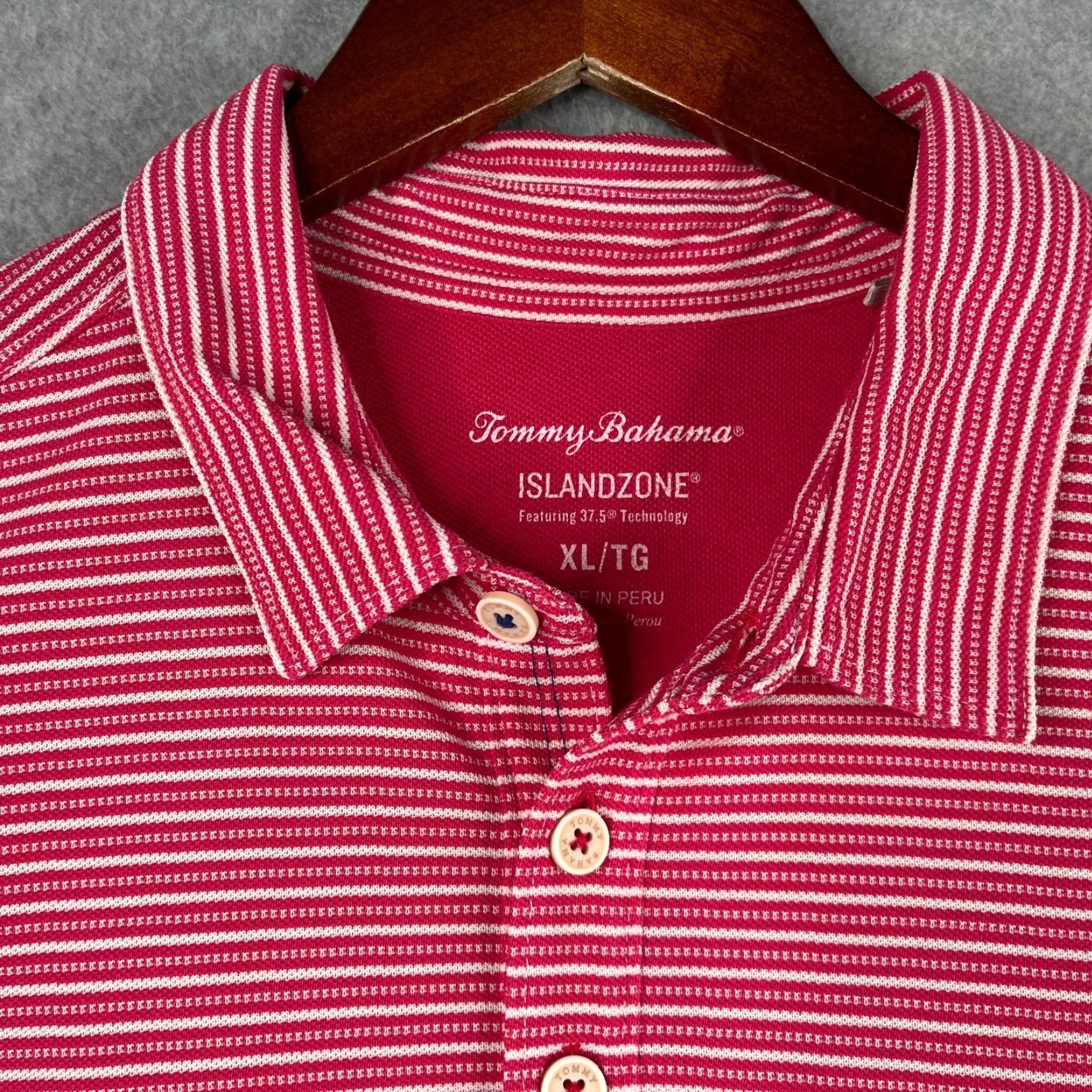 Tommy Bahama Tommy Bahama Island Zone Polo Shirt XL Pink White Striped Knit Mens Regular Fit Short Sleeve Collared Button Machine Washable Size US XL / EU 56 / 4 - 4 Thumbnail