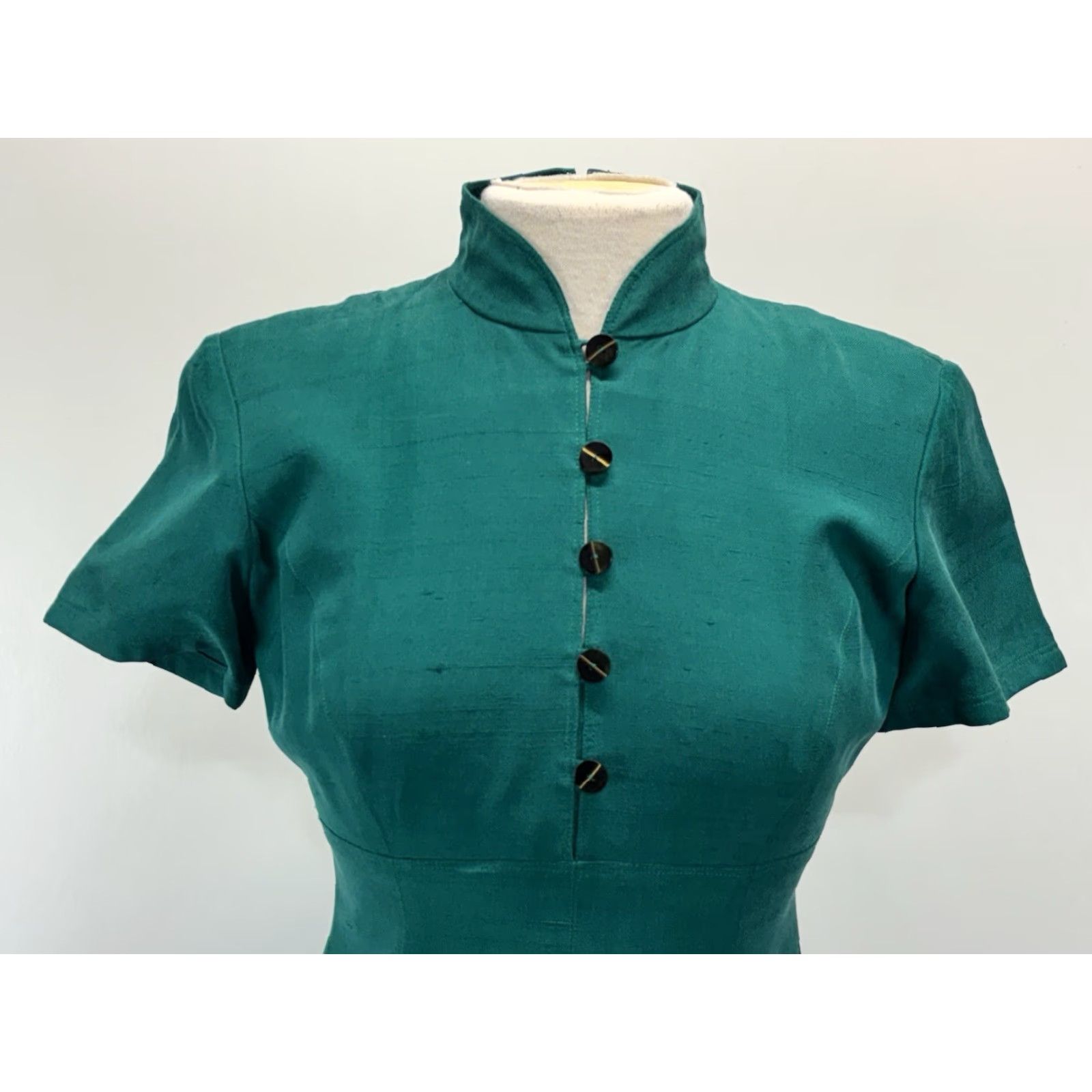 Vintage VINTAGE Dana Buchman Silk Maxi Dress Emerald Green Sz 4 Regular Women Front Back Slits High Neck Short Sleeve Classic Womens Size S / US 4 / IT 40 - 5 Thumbnail