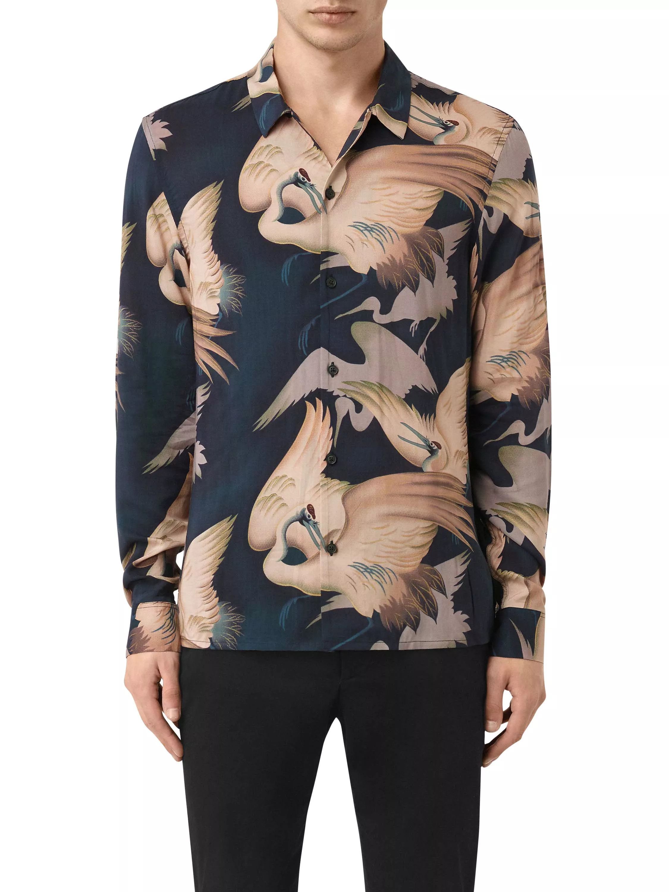 Allsaints FREE SHIPPING!! - 'Wader' Crane print viscose shirt Size US L / EU 52-54 / 3 - 3 Thumbnail