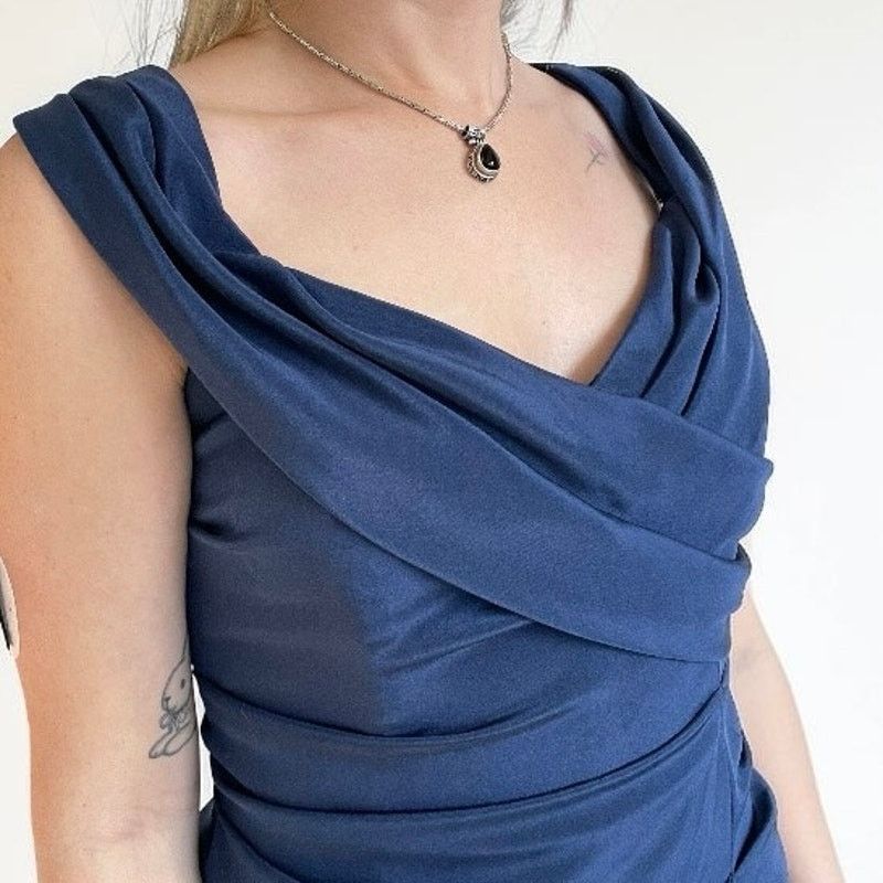 Nicole Miller Nicole Miller Blue Draped Cowl Neck Bodycon Mini Dress Size L / US 10 / IT 46 - 5 Thumbnail