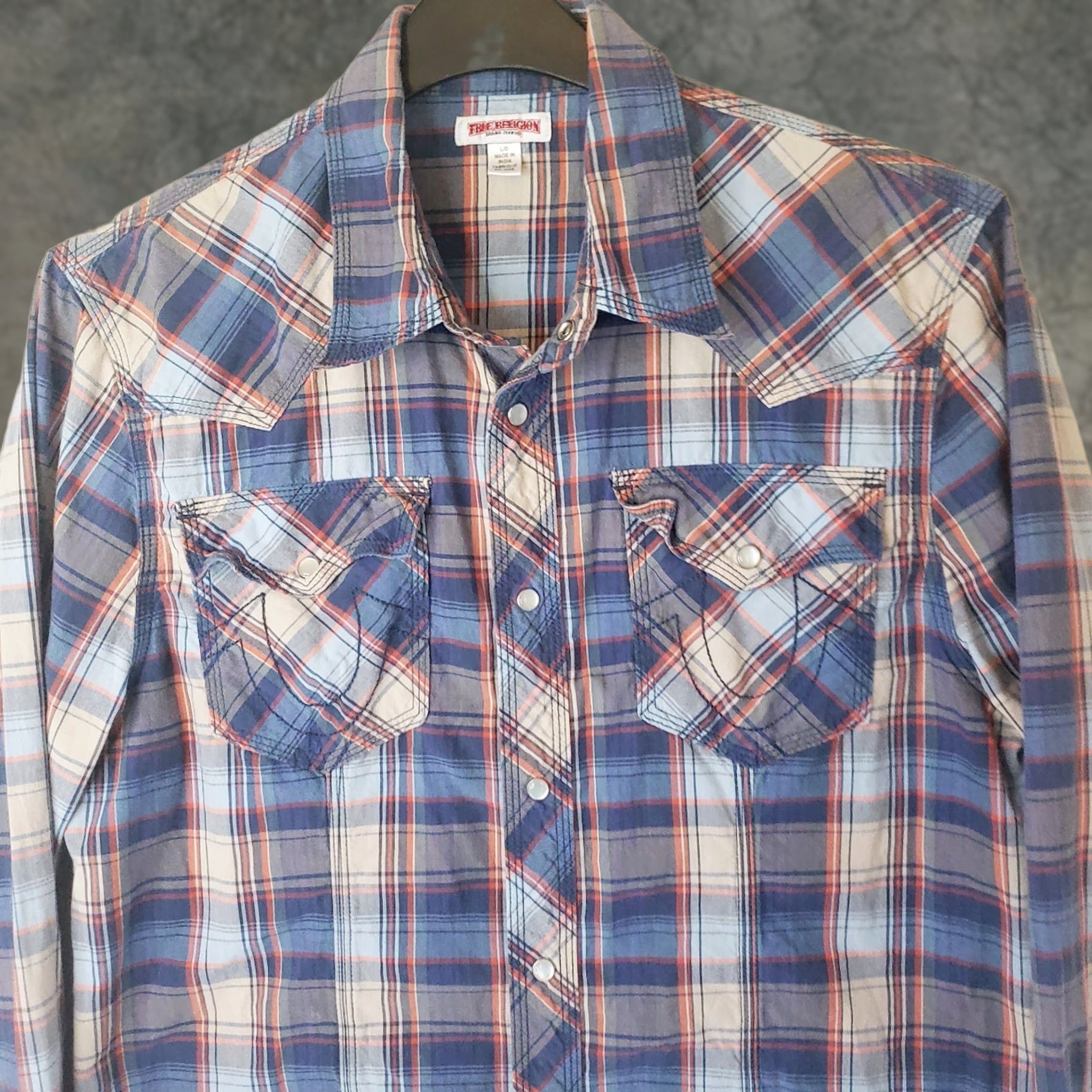 True Religion True Religion Shirt Men L Blue Plaid Pearl Snap Western Long Sleeve Cotton Twill Button-Up Casual Workwear Party/Cocktail Mens Size US L / EU 52-54 / 3 - 1 Thumbnail