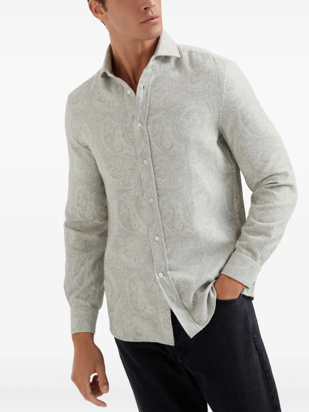 Brunello Cucinelli o1mtch0225 Paisley Print Flannel Sport Shirt in Light Grey Size US L / EU 52-54 / 3 - 2 Thumbnail