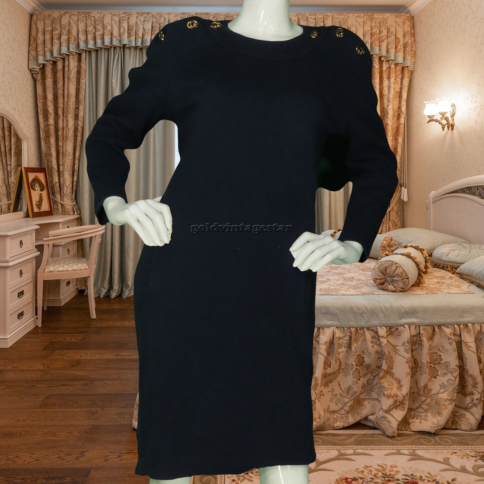 image of Adrienne Vittadini Navy Dress M: Elegant Gold Accents in Blue, Women's (Size Medium)