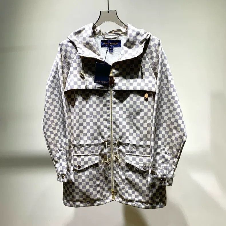Louis Vuitton Plaid Zip Hooded Midi Coat