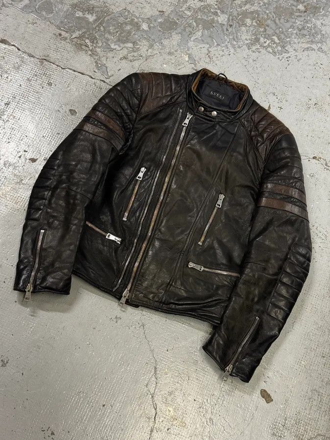 Gucci 2000s Gucci Brown Asymmetrical Zip Biker Leather Jacket Size US M / EU 48-50 / 2 - 5 Thumbnail