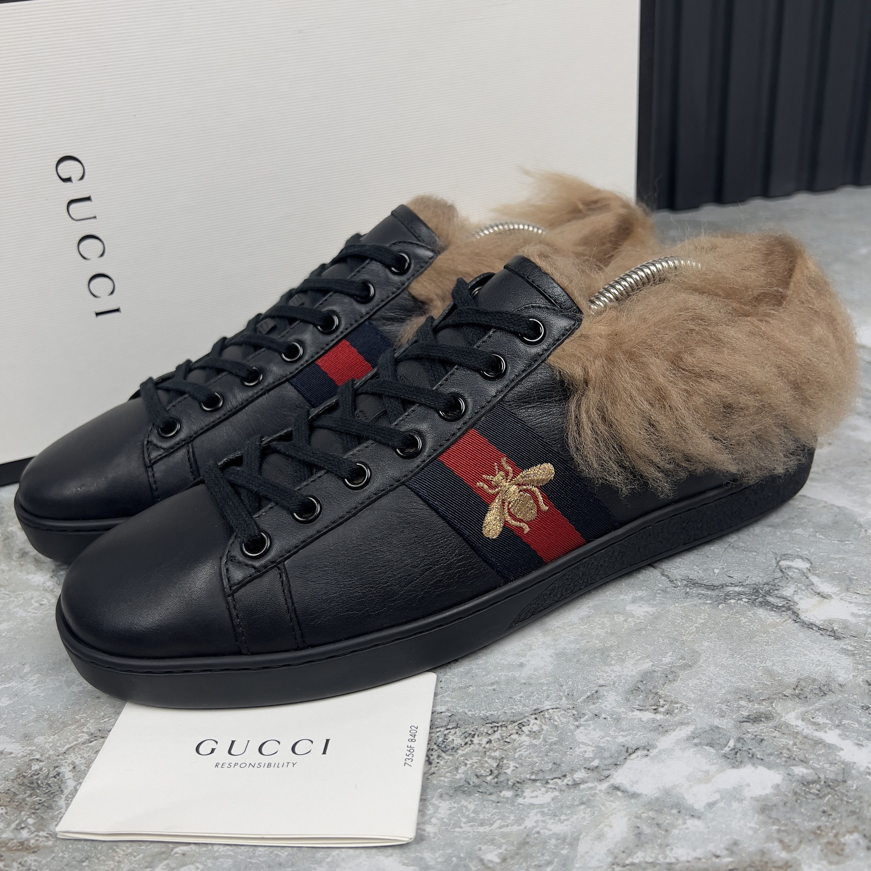 Gucci Ace Web Sneaker Bee Embroidered Fur Leather Size US 10.5 / IT 40.5 - 1 Thumbnail