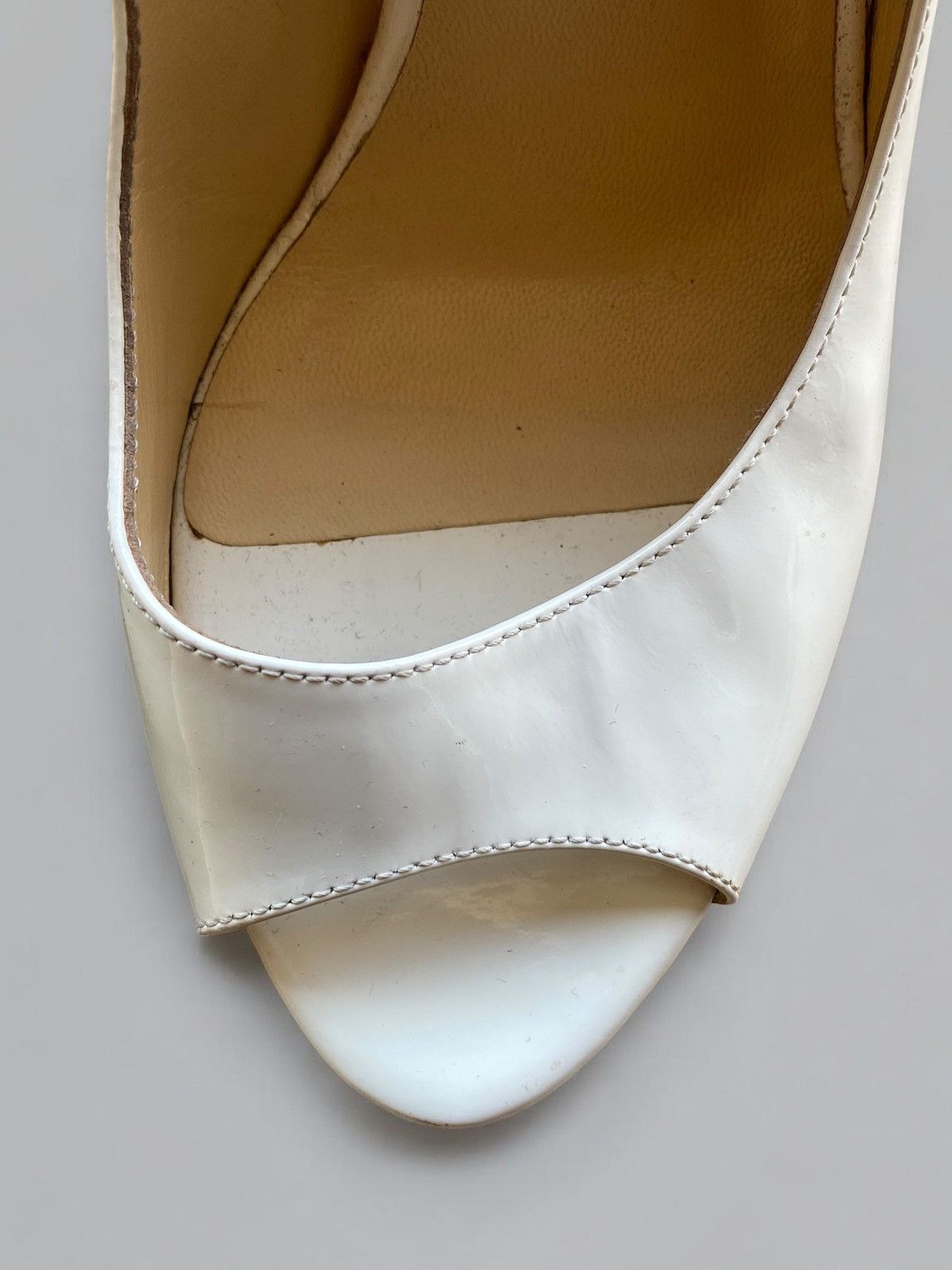 Jimmy Choo Jimmy Choo White Gold Patent Leather Peep Toe Heels Size US 7 / IT 37 - 12 Thumbnail