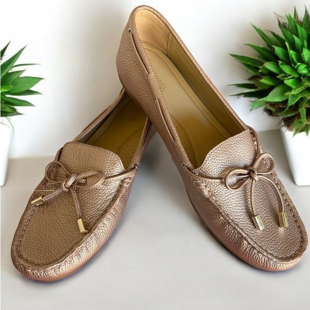 Michael Kors Leather Metallic Mauve Flat Shoes Bow Gold Size 9 in Pink, Women's
