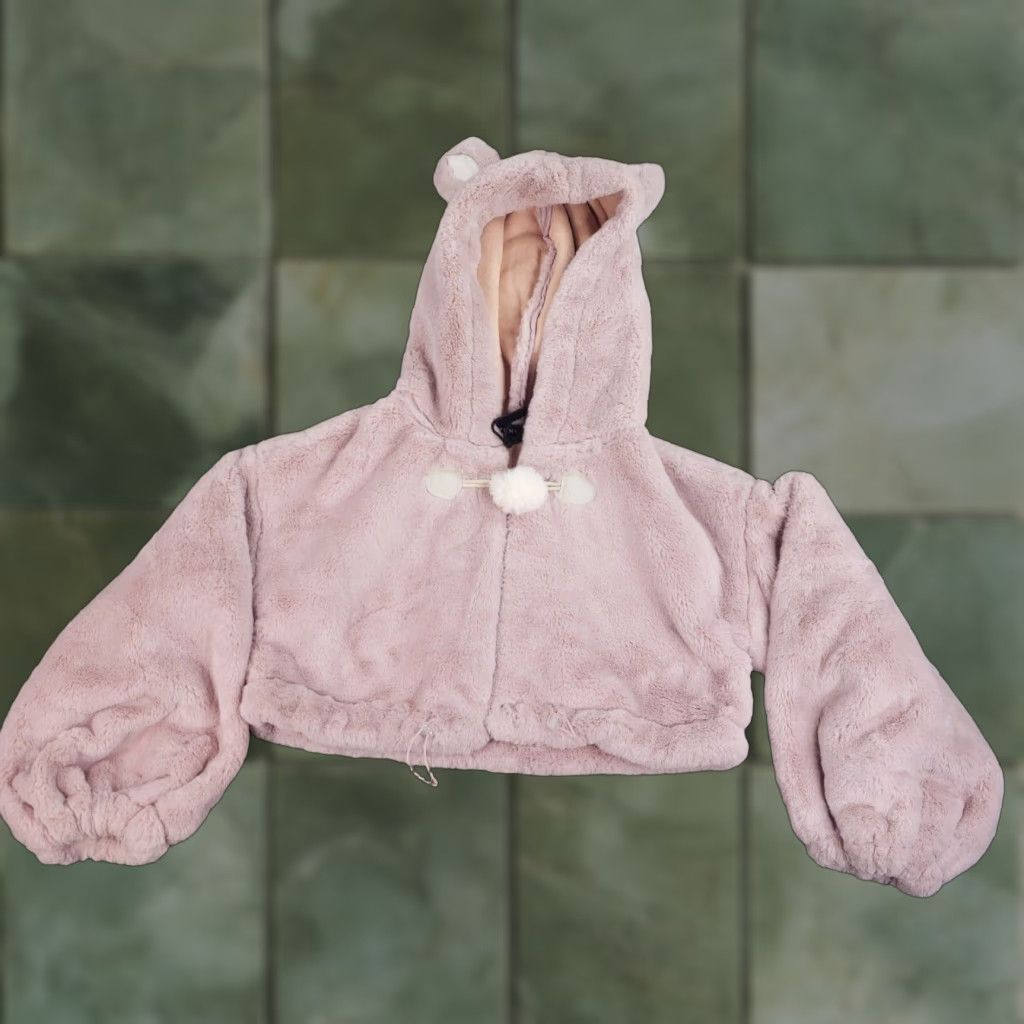 Vintage Punk Rave Faux Fur Animal Ears Coat Womens Pink M-L Size Hooded Crop Jacket Size M / US 6-8 / IT 42-44 - 1 Thumbnail