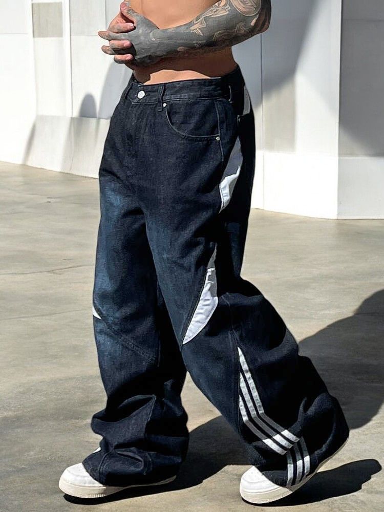 Blue Wide Leg Stripe Patchwork Denim Jeans Oversized Jeans