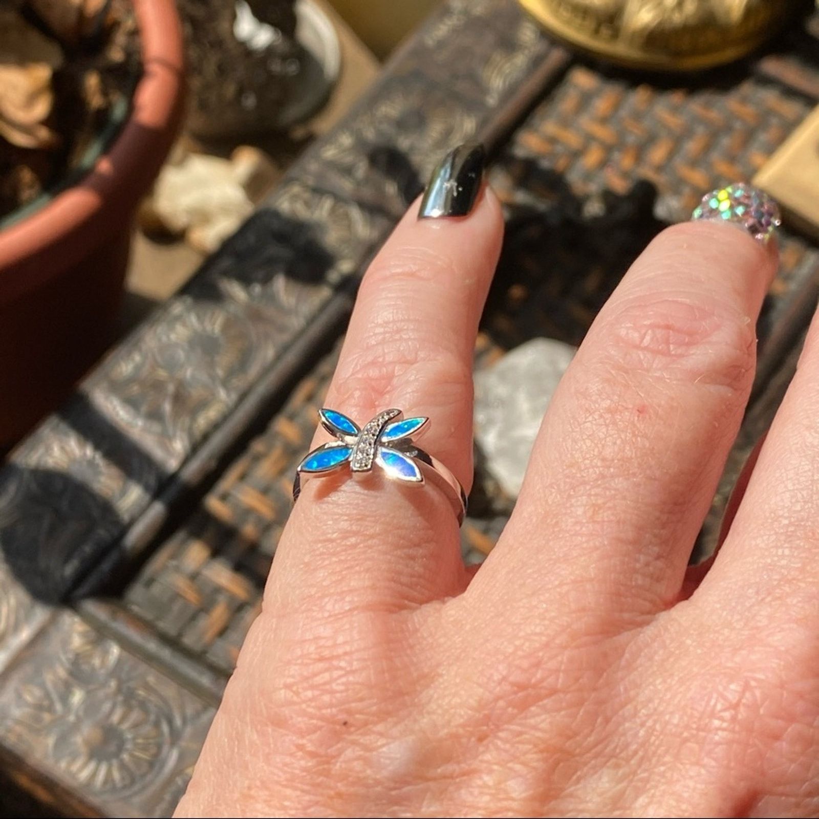 The Unbranded Brand Dragonfly Blue Opal & Cz Sterling Silver Ring Size ONE SIZE - 5 Thumbnail