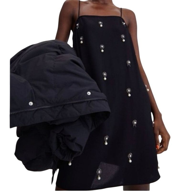 H&M H&M Appliquéd Holiday Slip Dress Pearl Rhinestones Black S Size S / US 4 / IT 40 - 1 Thumbnail