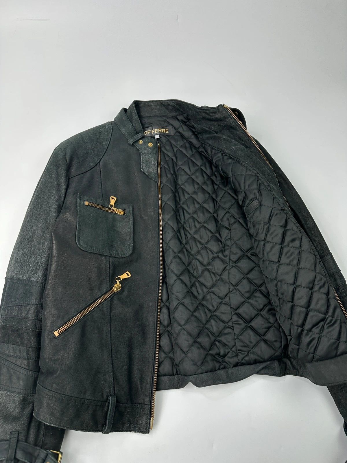 Gianfranco Ferre Gianfranco Ferre Black Leather Biker 6 Zip Padded Jacket Size US L / EU 52-54 / 3 - 11 Thumbnail