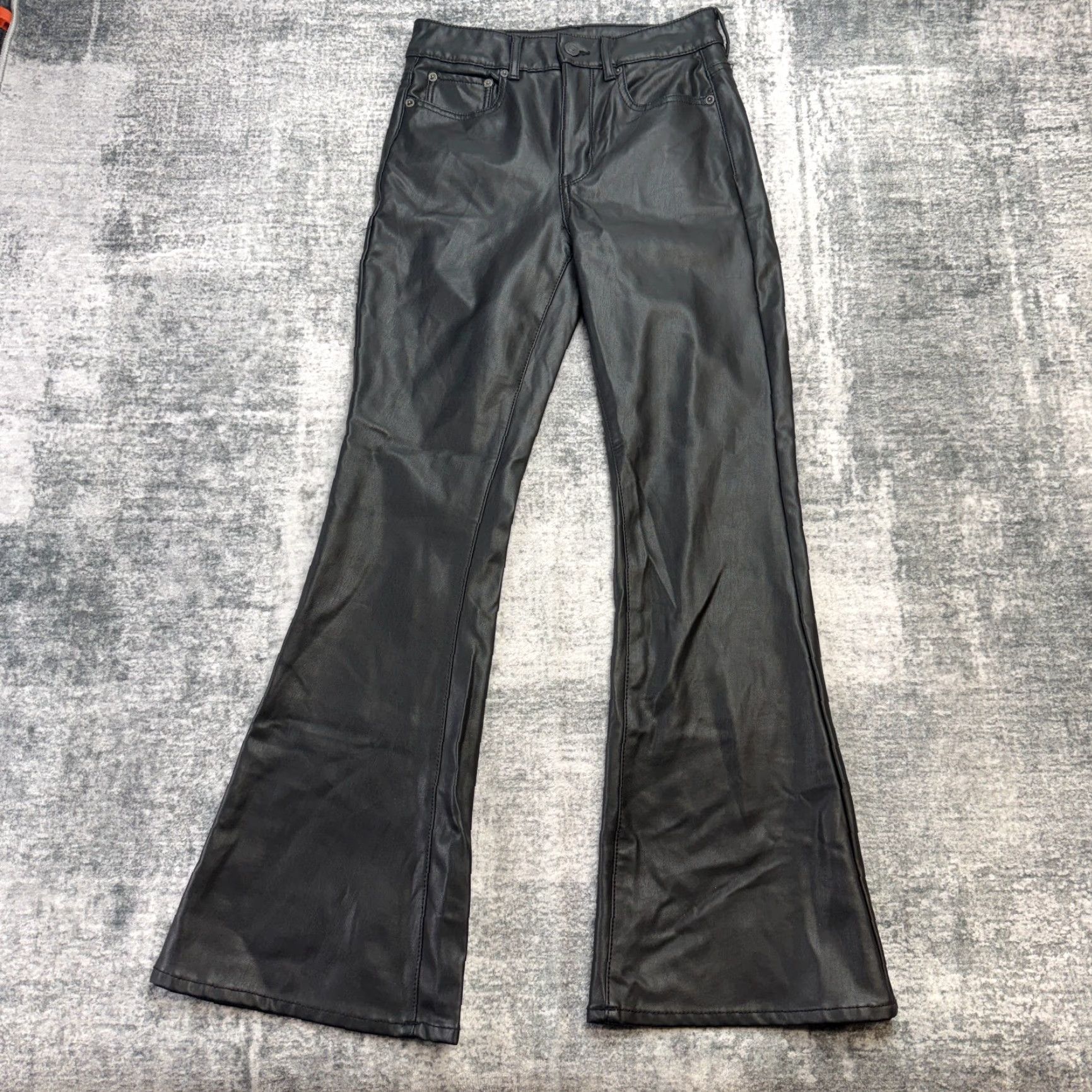 American Eagle Outfitters Amer ican Eagle Pants Womens 4 Black High Rise Flare Faux Leather Party Jeans Size 27" / US 4 / IT 40 - 2 Thumbnail