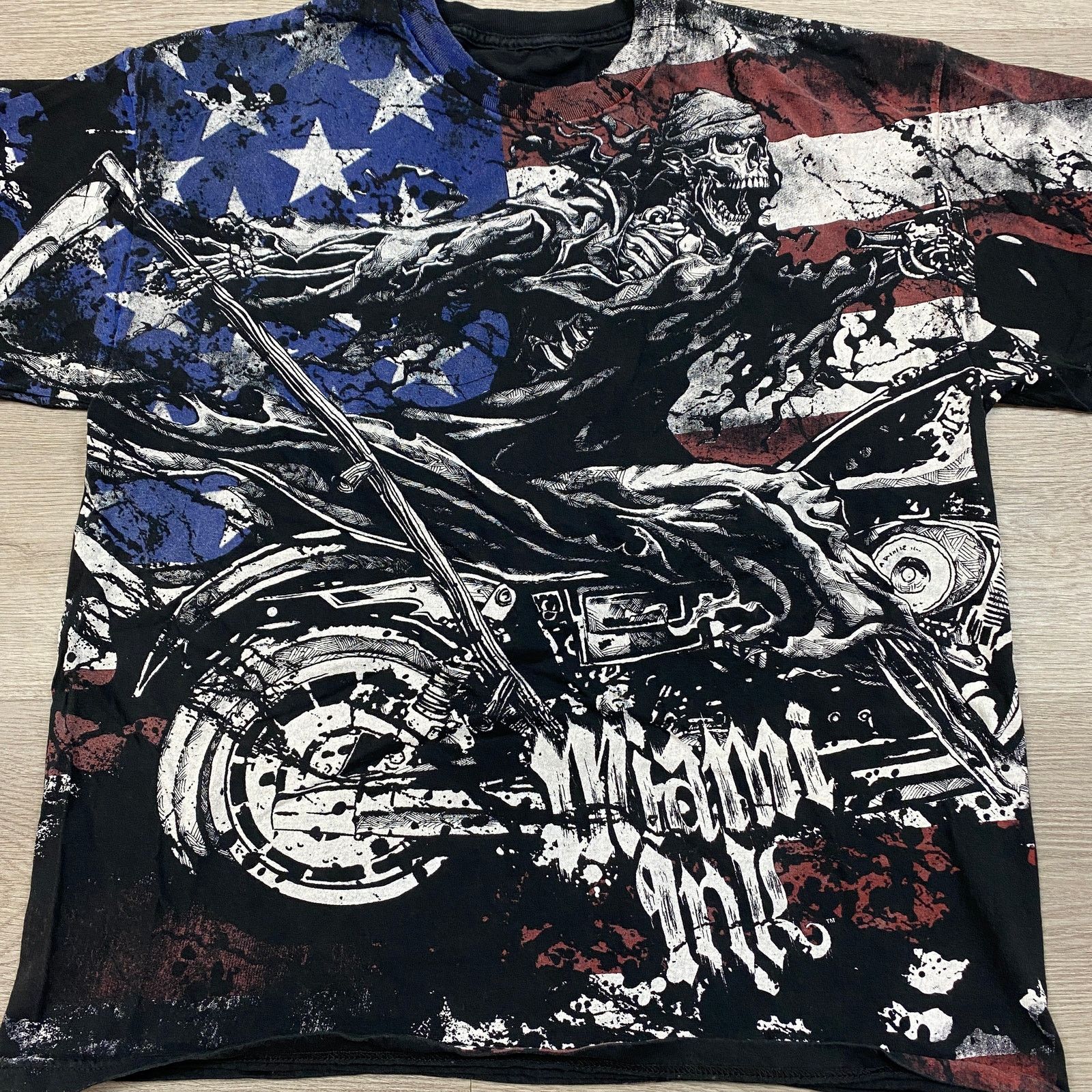 Vintage VTG Y2K Miami Ink Skeleton Biker American Flag AOP Shirt XL Size US XL / EU 56 / 4 - 2 Thumbnail