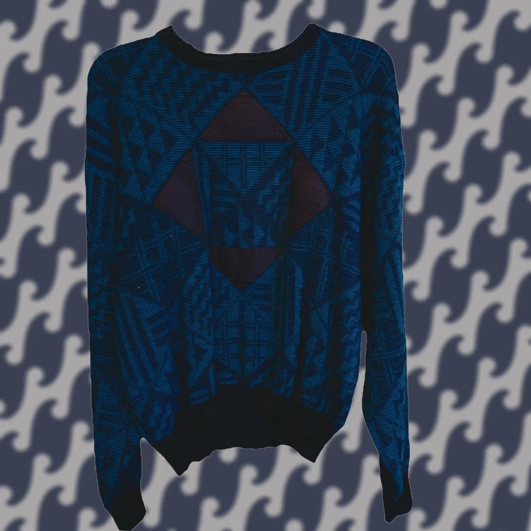 Altea VINTAGE Chartwell Teal Black Geometric Pattern Knit Sweater Crew Neck L Men Pullover 80s 90s Size US L / EU 52-54 / 3 - 1 Thumbnail
