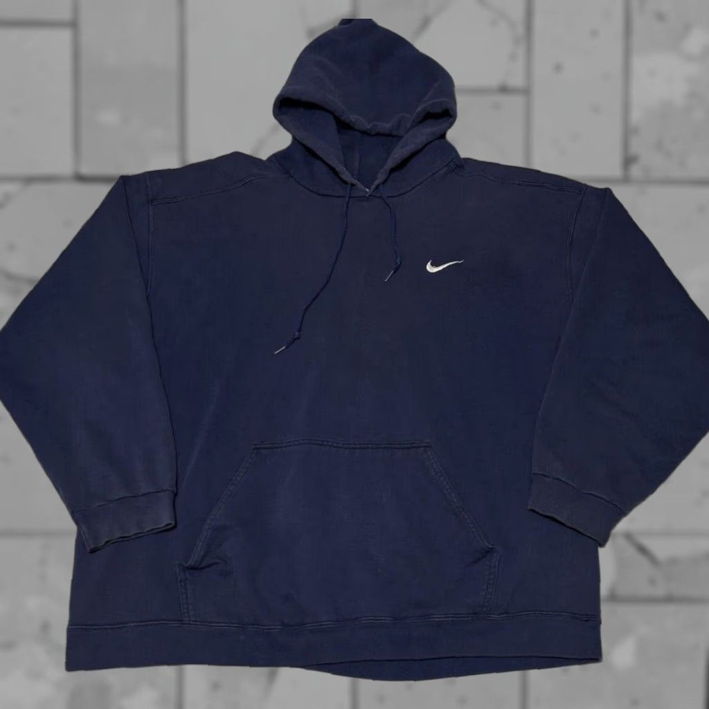 VINTAGE Nike Hoodie Men 2XL Long Sleeve Check Navy Blue Pullover