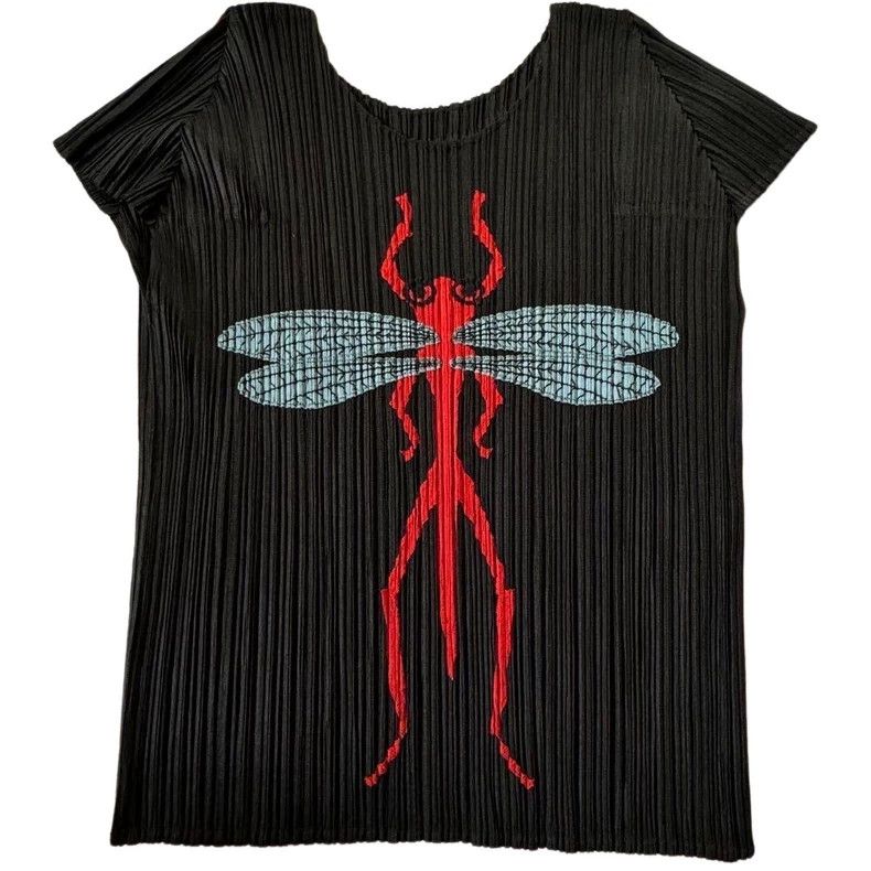 Issey Miyake Issey Miyake size:3 Black pleated insect short-sleeved shi Size L / US 10 / IT 46 - 1 Thumbnail