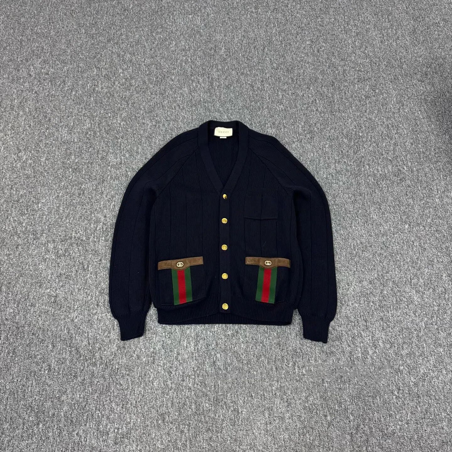 Gucci Guicci Red and green striped suede pocket; wool cardigan| Size XS / US 0-2 / IT 36-38 - 1 Thumbnail