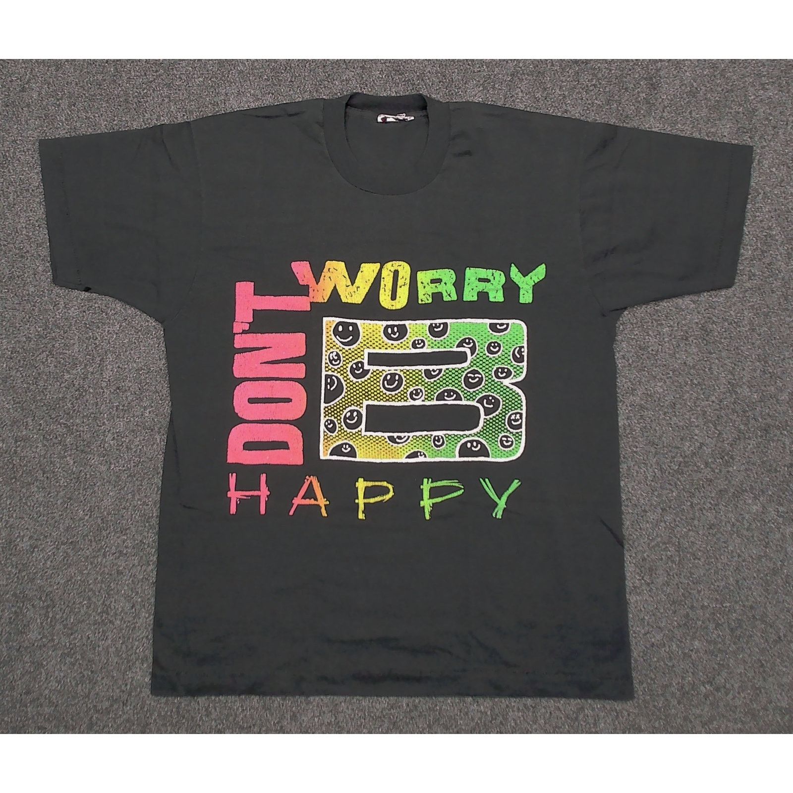Vintage 90s Dont Worry B Happy Neon Smiley Single Stitch Tee XL Size US XL / EU 56 / 4 - 3 Thumbnail