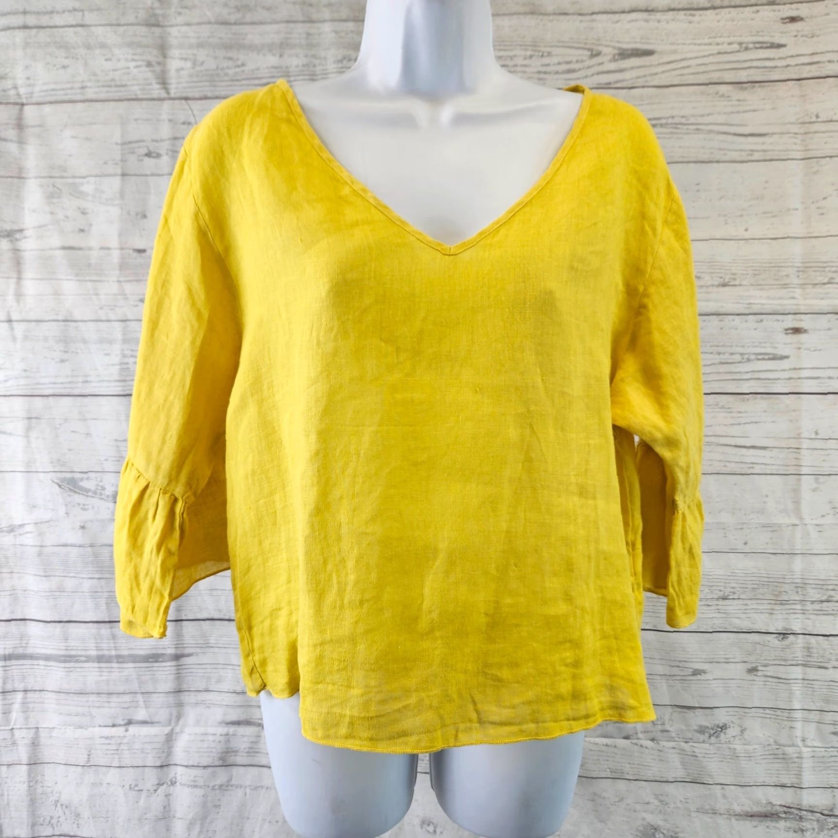 Vintage Three Dots Blouse Womens Linen Top Size Small Solid Yellow V-Neck 3/4 Sleeve Size S / US 4 / IT 40 - 2 Thumbnail