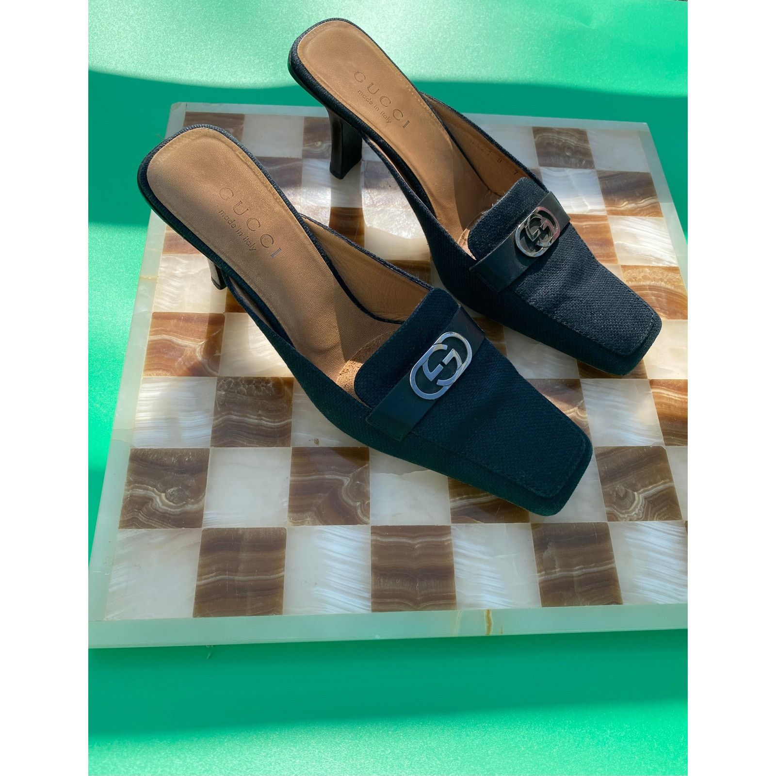 Gucci Vintage Gucci Black Canvas Heeled Mules with Logo Size US 7 / IT 37 - 3 Thumbnail