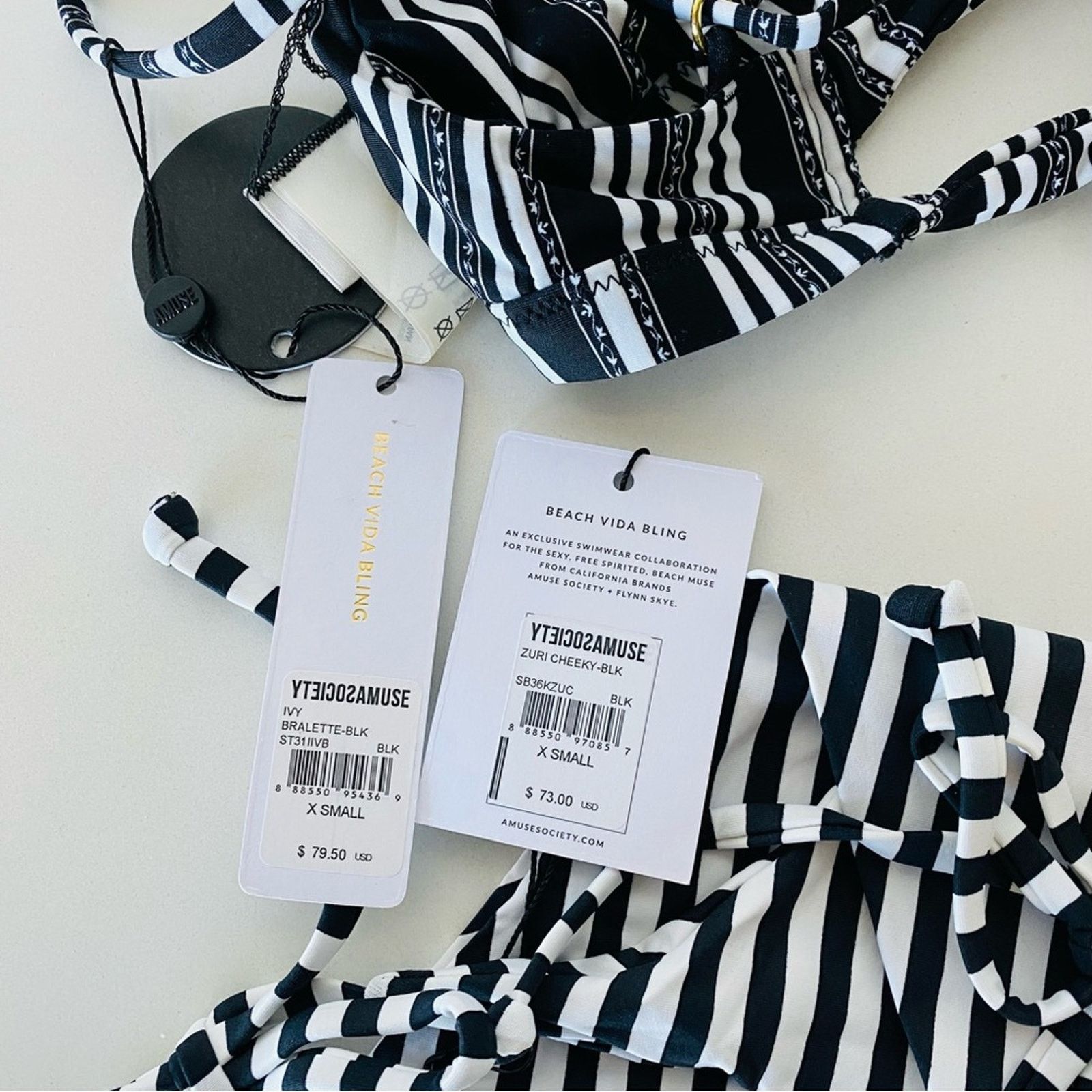 Anthropologie AMUSE SOCIETY Black White Stripe Triangle Top Bikini Swim Size ONE SIZE - 10 Thumbnail