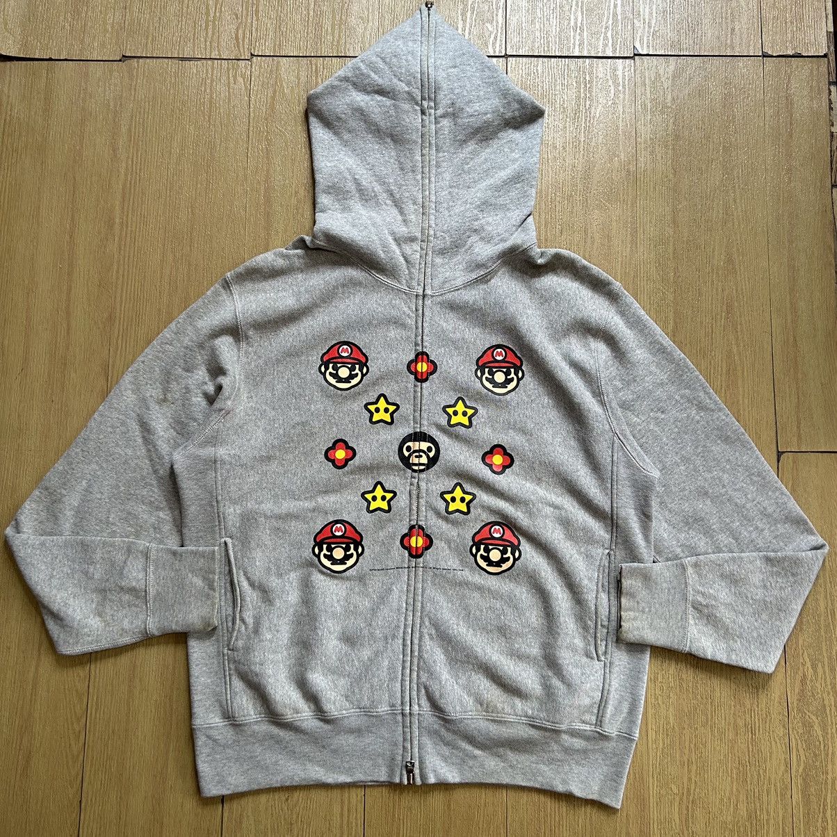 image of Bape x Nintendo A Bathing Ape Baby Milo Mario Monogram Full Zip Hoodie in Grey, Men's (Size Small)