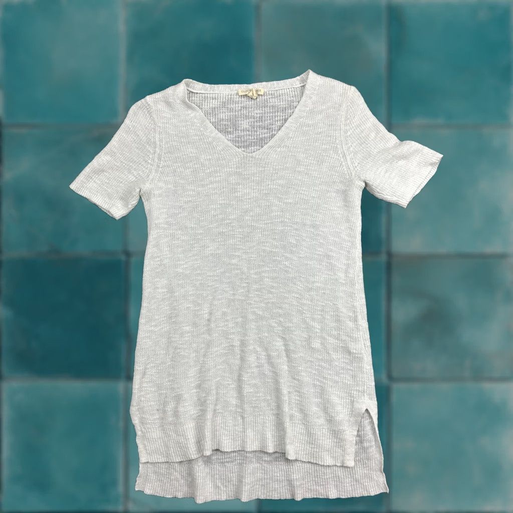 Eileen Fisher EILEEN FISHER Sweater Tunic Womens Petite PP White Linen Cotton V Neck Knit Short Sleeve Open-Knit Casual Spring Summer Womens Size XXS / US 00 / IT 34 - 1 Thumbnail