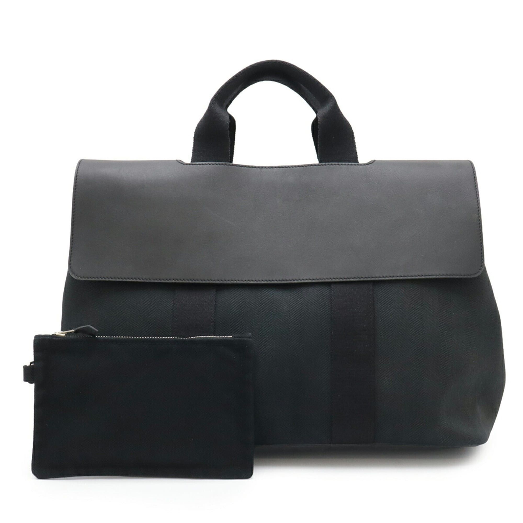 HERMES Valparaiso MM handbag tote bag in Toile Chevron canvas and leather black.