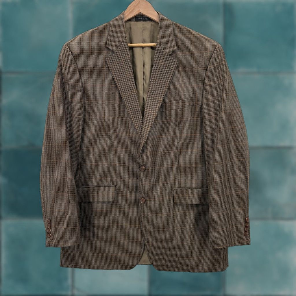 Ralph Lauren VINTAGE Lauren Ralph Lauren Blazer Mens 42L Brown Wool Houndstooth Plaid Sport Coat Size 42R - 1 Thumbnail