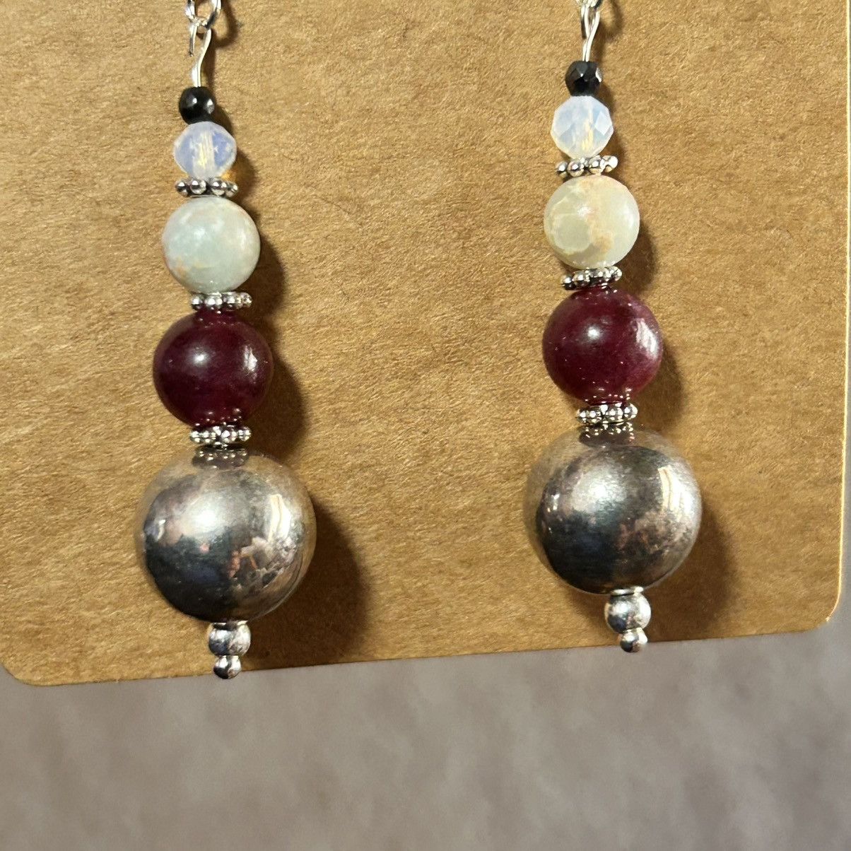 Handmade Handcrafted elegant vintage bead garnet opalite earrings Size ONE SIZE - 3 Thumbnail