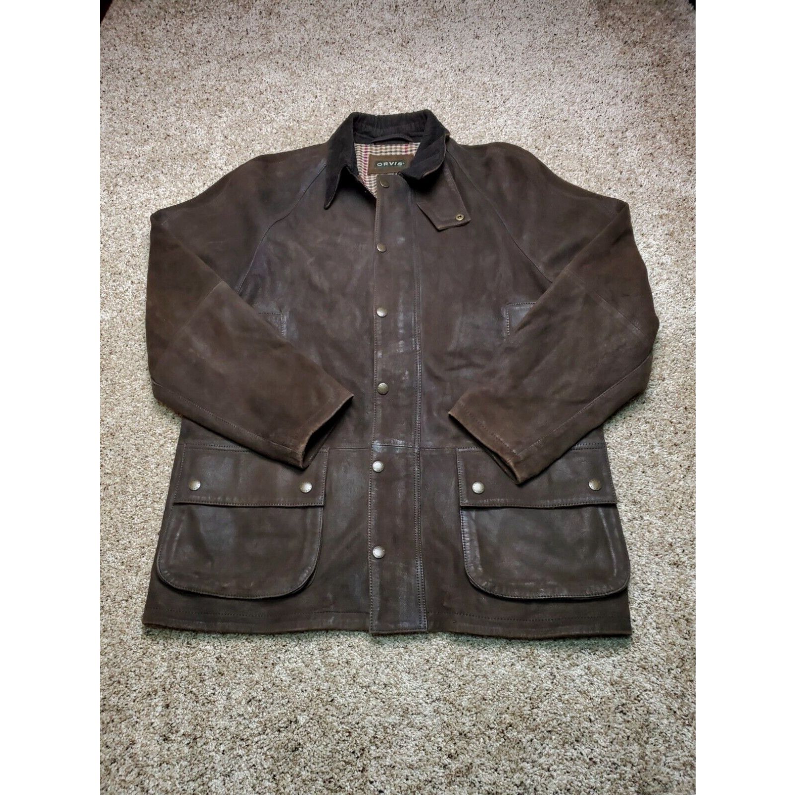 image of Orvis Battenkill Jacket Large Mens Brown Leather Full Zip Snap Heavyweight in White