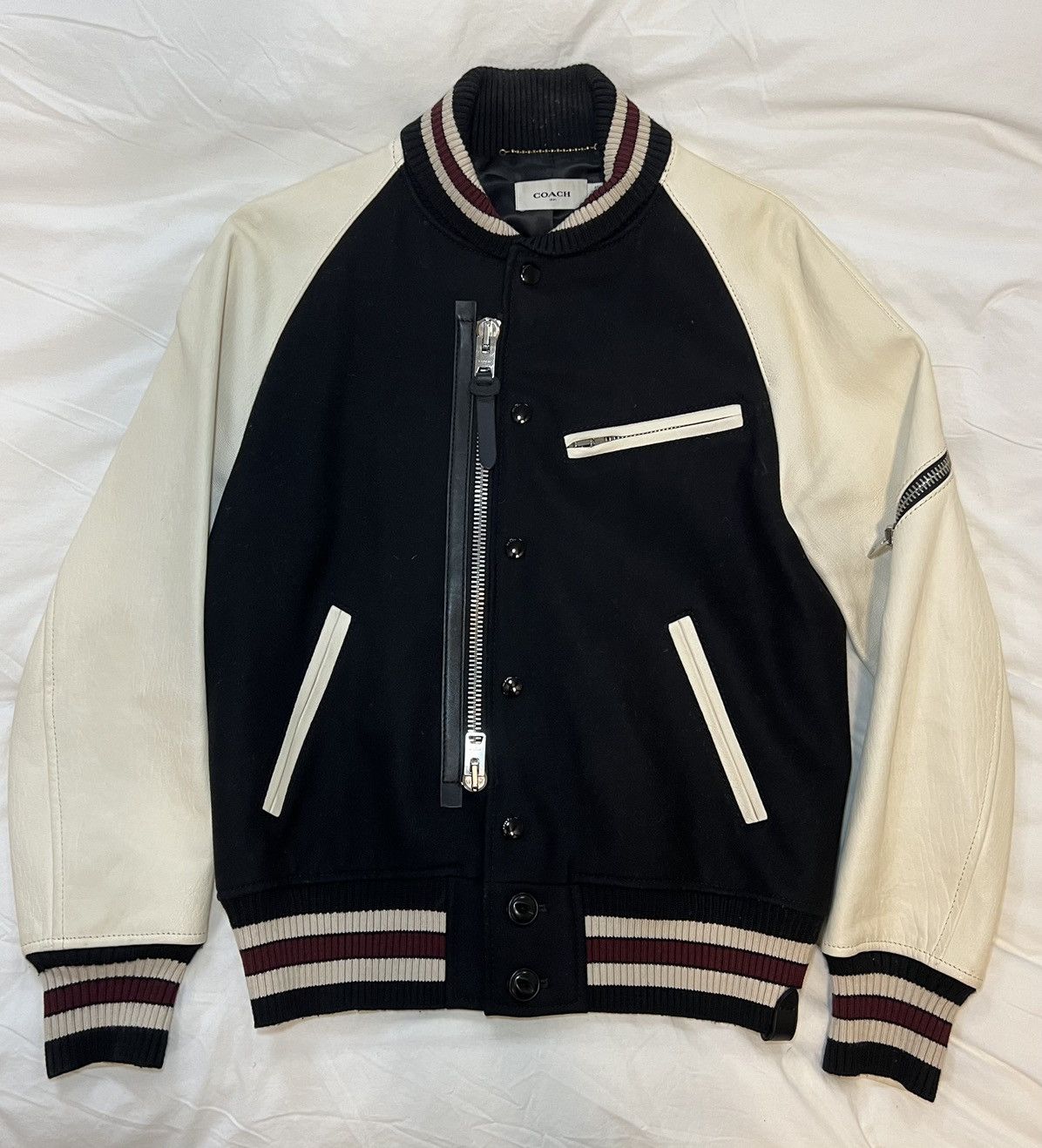 image of Coach 1941 Leather Varsity Jacket in White Leather, Men's (Size Small)