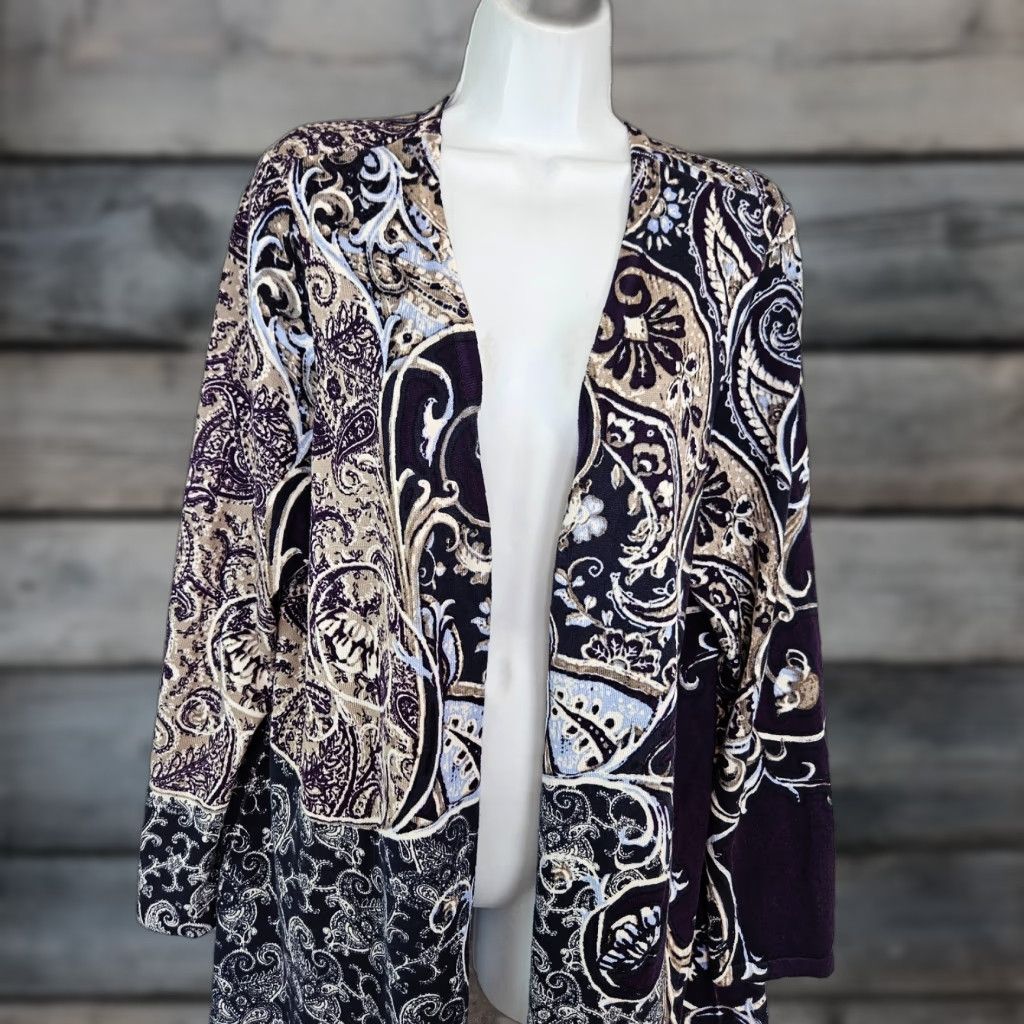 Vintage Chico's Womens Cardigan XL Blue Tan Paisley Cotton Blend Long Sleeve Sweater Womens Size XL / US 12-14 / IT 48-50 - 1 Thumbnail