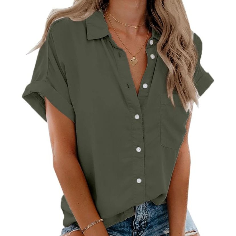 Other CCC Army Green Chic Henley Short Sleeve Button Up Lapel Shir Size XL / US 12-14 / IT 48-50 - 2 Thumbnail