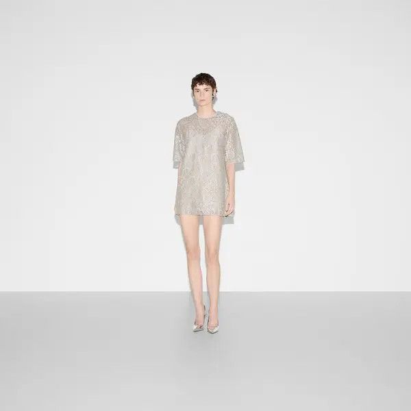 Gucci o1B3y1r0426 Floral Lace Lame Short Sleeve Top in Gray Size M / US 6-8 / IT 42-44 - 2 Thumbnail