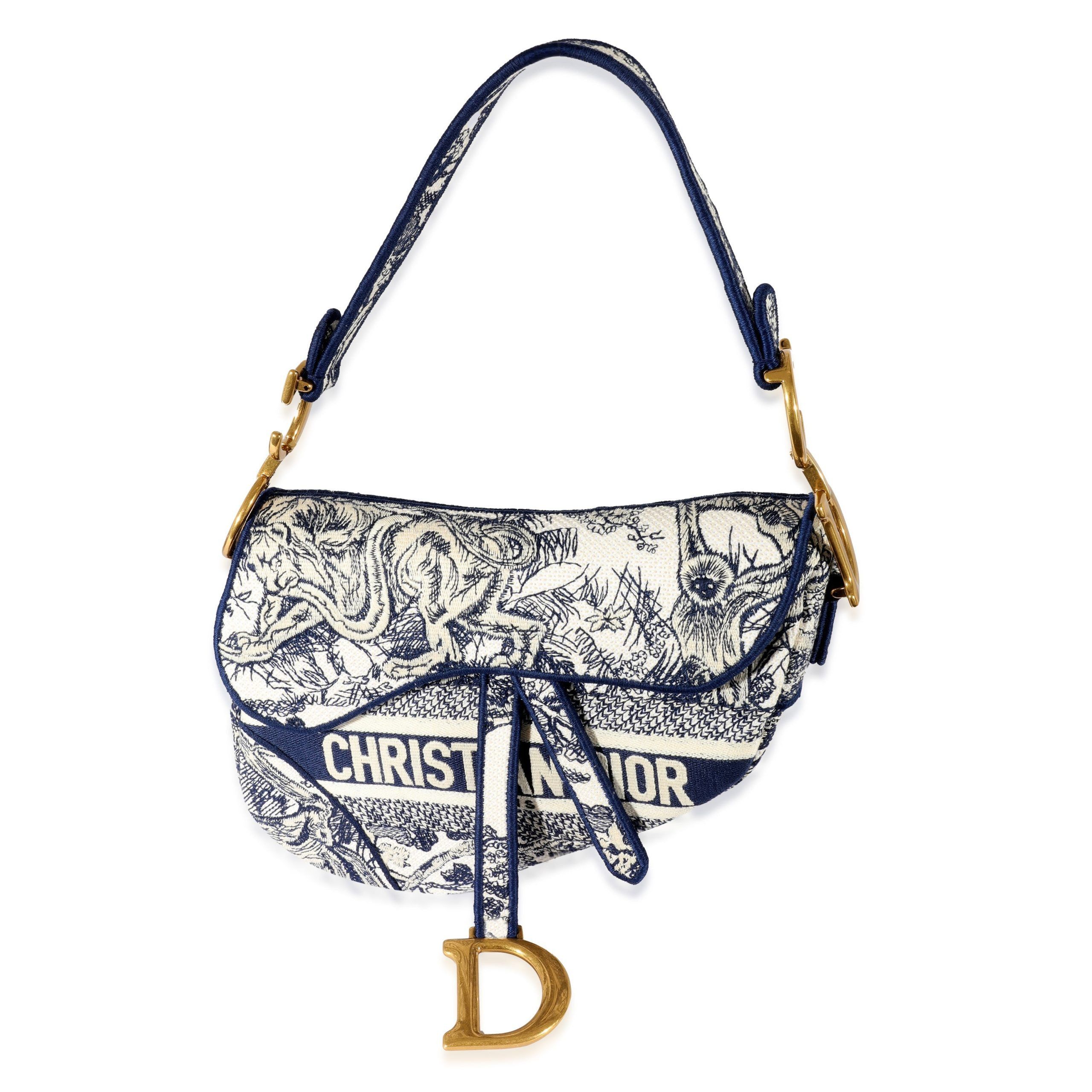 image of Christian Dior Blue Toile De Jouy Embroidery Saddle Bag in Grey, Women's