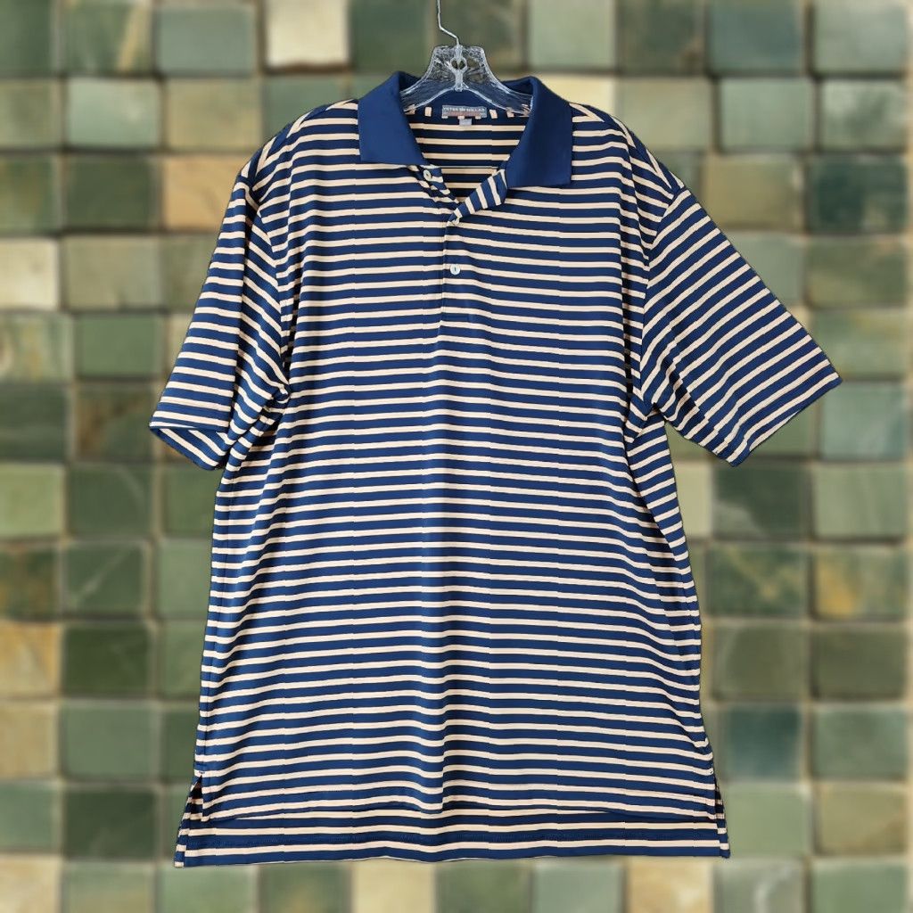 Peter Millar Peter Millar Polo Shirt Mens Short Sleeve Striped Blue Orange Polyester Size L Size US L / EU 52-54 / 3 - 1 Thumbnail
