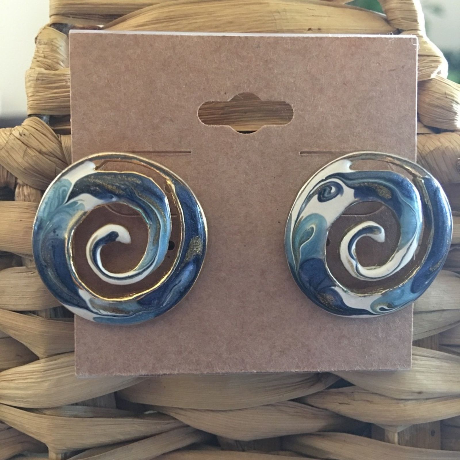 Vintage Vintage blue enamel swirl design pierced earrings Size ONE SIZE - 1 Thumbnail