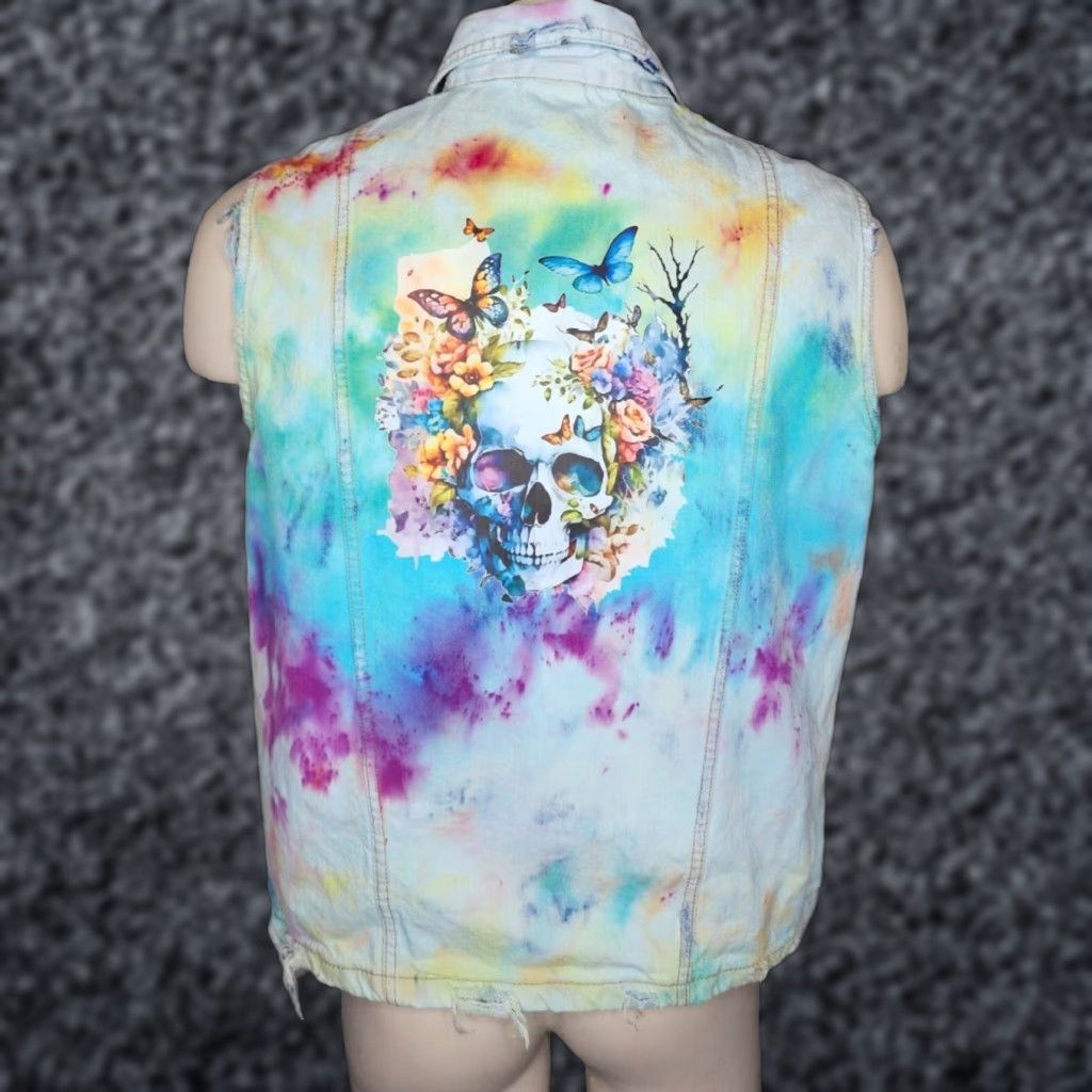 Denime Vintage Women's XL Upcycled Denim Vest Tie Dye Skull Rebirth Pride Halloween Boho Festival Unique Size 40" / US 18 - 1 Thumbnail