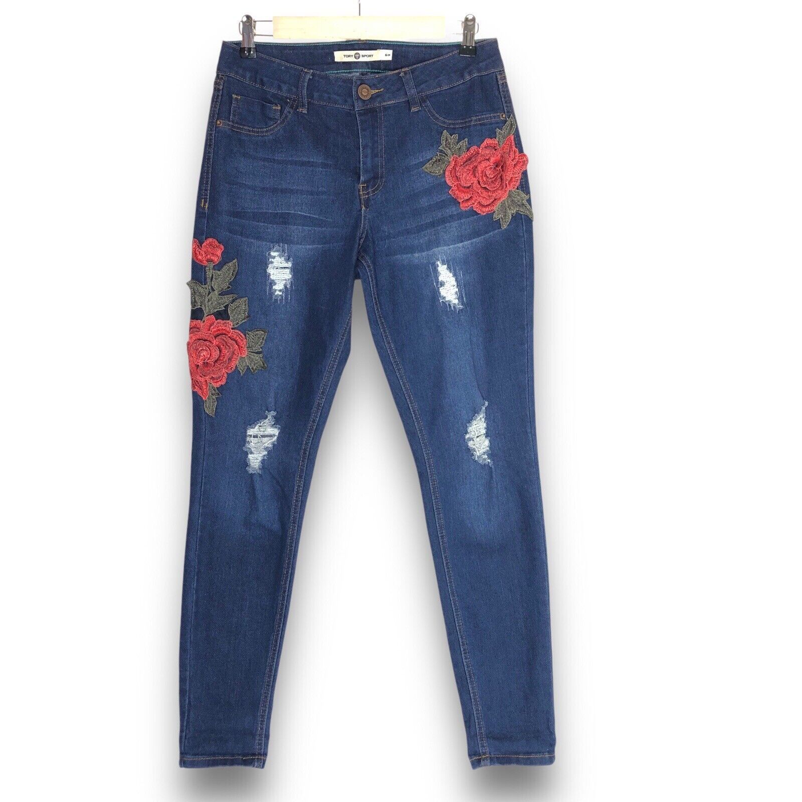 Other Tory Sport Women Jeans Sz SP Red Rose Applique Embroidered Size 29" - 1 Thumbnail