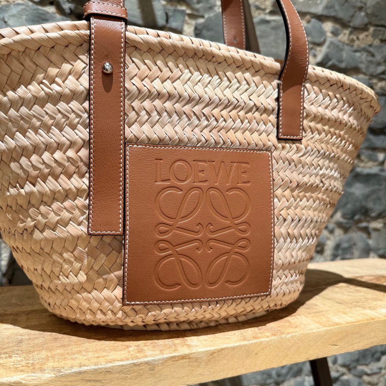 Loewe LOEWE Brown Leather Beige Raffia Medium Basket Tote Bag Size ONE SIZE - 2 Thumbnail