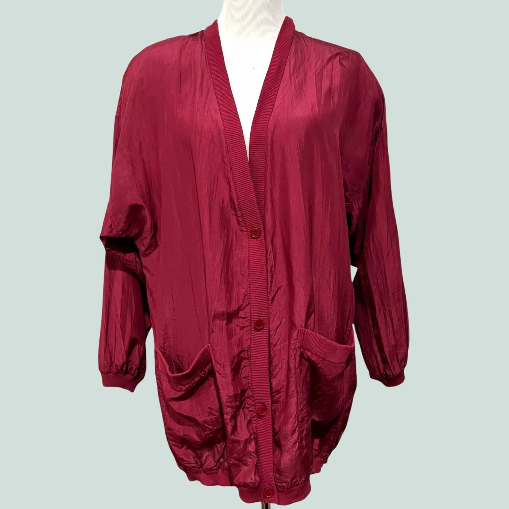Vintage VINTAGE Adam Douglas Sport Cardigan Jacket Women's L Burgundy Silk Button Front Pockets Size L / US 10 / IT 46 - 1 Thumbnail
