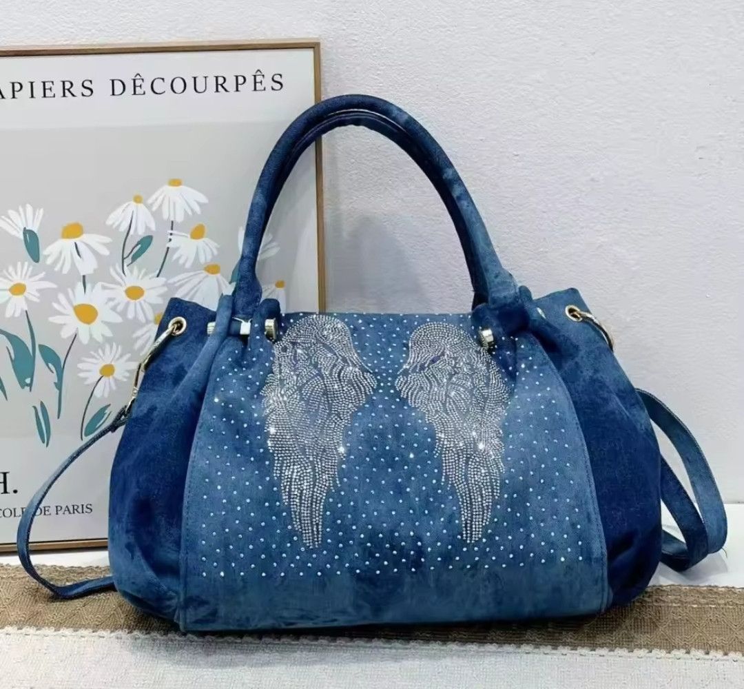 Jean × Vintage Denim Handbag Crystal Bling Wings Size ONE SIZE - 4 Thumbnail