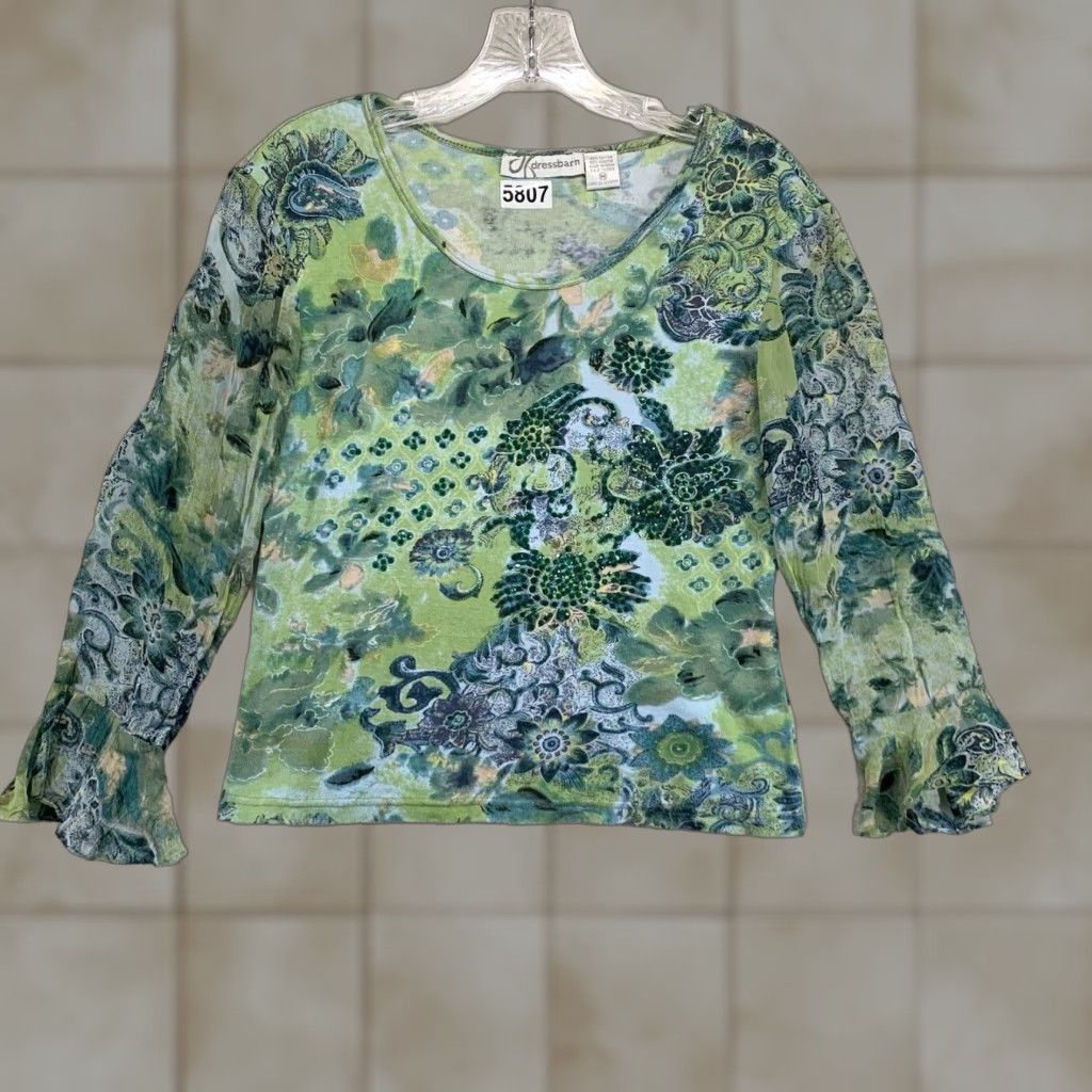 Vintage VINTAGE Dressbarn Women's Crop Top Floral Green Size M Sheer Bell Sleeves Sequin Casual Size M / US 6-8 / IT 42-44 - 1 Thumbnail