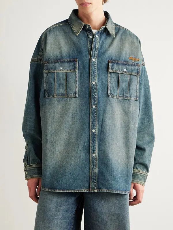 Balmain o1loc1c0526 Logo-embroidered Denim Shirt in Blue Size US S / EU 44-46 / 1 - 3 Thumbnail